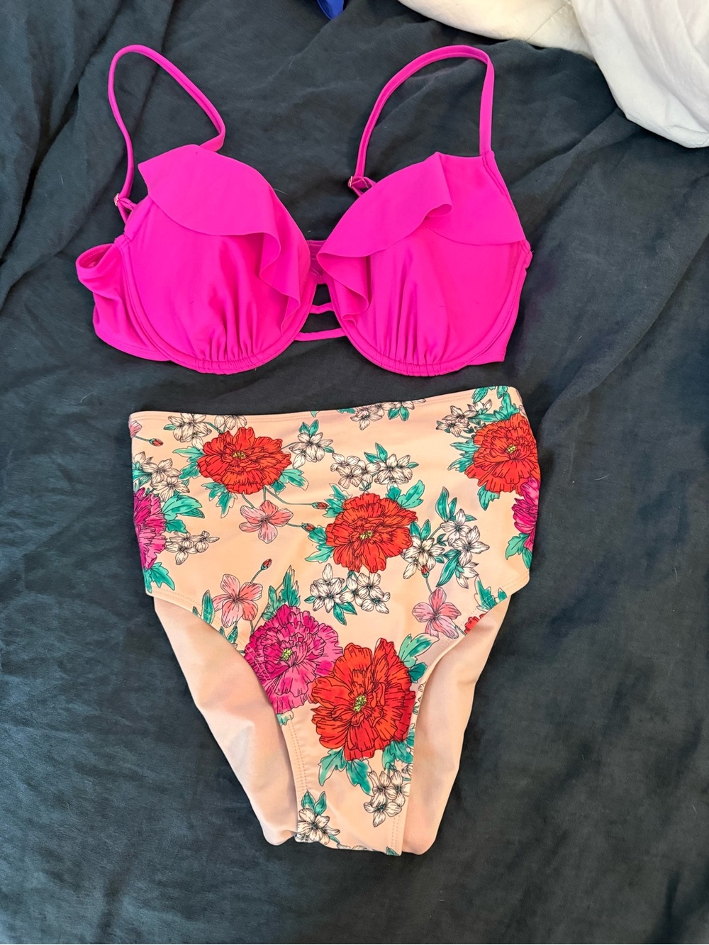 Xhilaration Coral Floral High-Waist Bikini with Hot Pink Ruffle Top